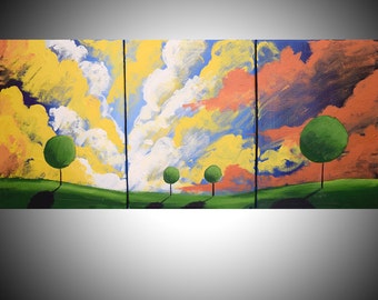 Original acrylic landscape vivid painting abstract triptych landscape large painting wall canvas art Painting gift for her 48 x 20"