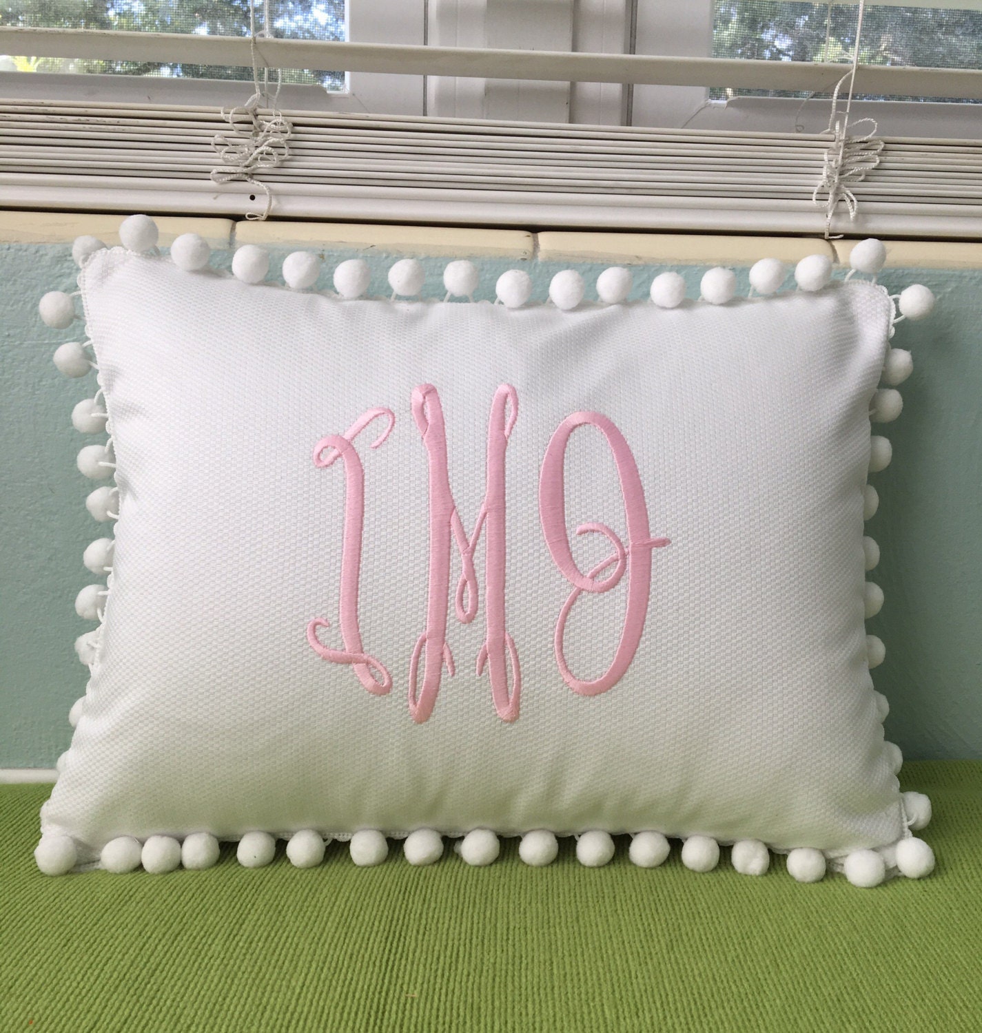 Monogram Pom Pom Pillow Cover by peppermintbee on Etsy