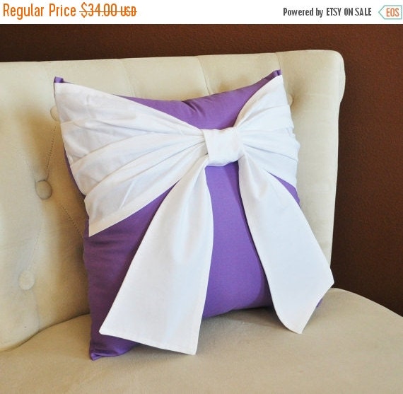 July Sale Throw Pillow White Bow on Lavender Pillow by bedbuggs