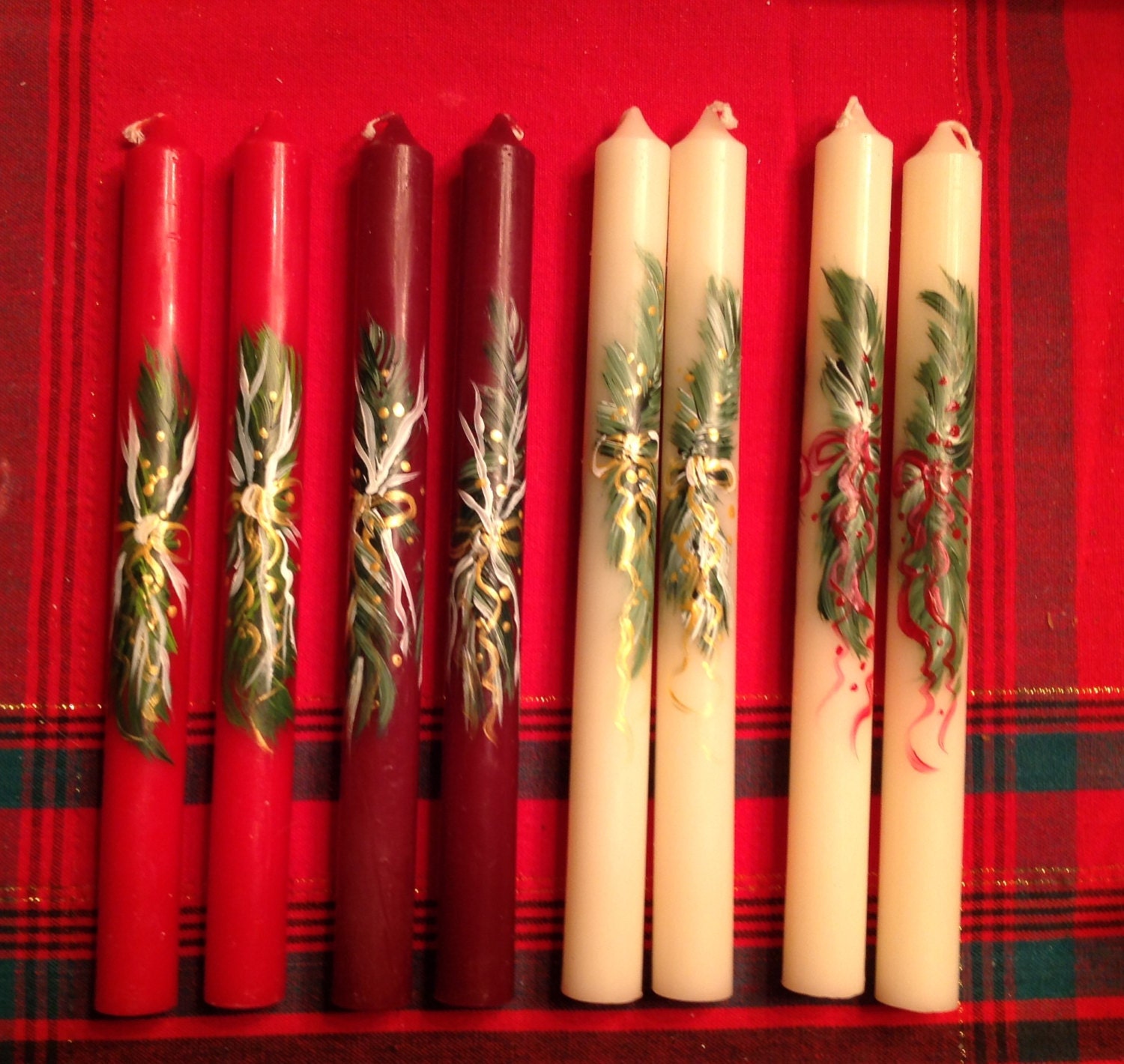 Hand Painted Country Christmas taper candles HOLIDAY tapers