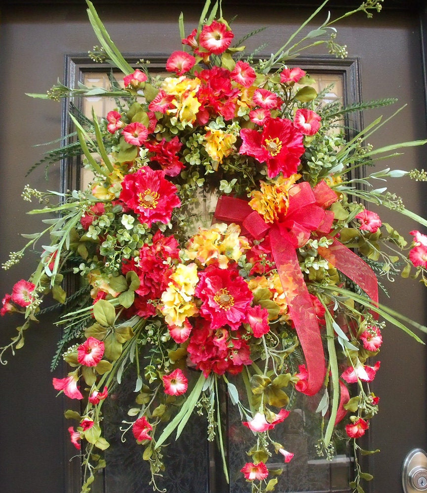 Red and Yellow Hydrangea Wreath Spring Wreath Summer