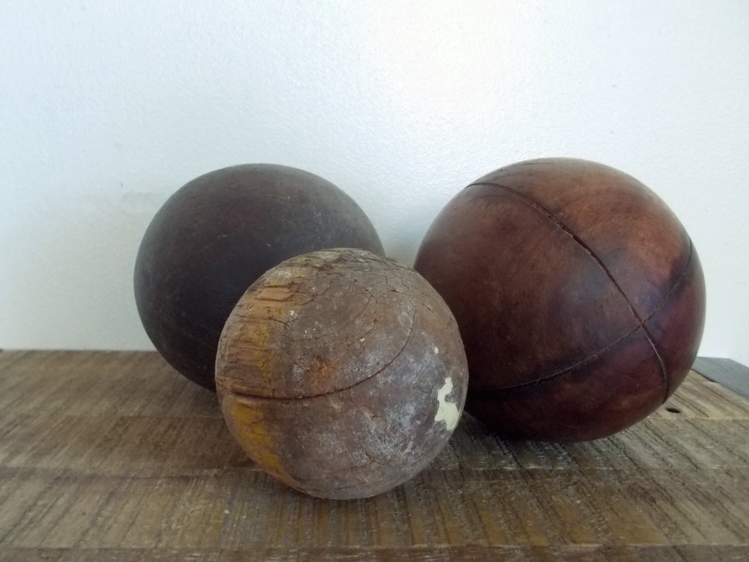 Three Antique Wooden Croquet or Bocce Balls