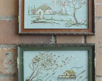 Vintage Needlepoint Country House Scenes, Framed (set of 2)