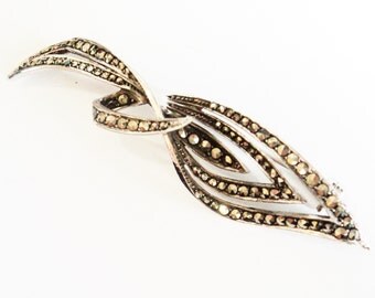 Sterling Silver Marcasite Brooch... Mid Century Modernist Leaf