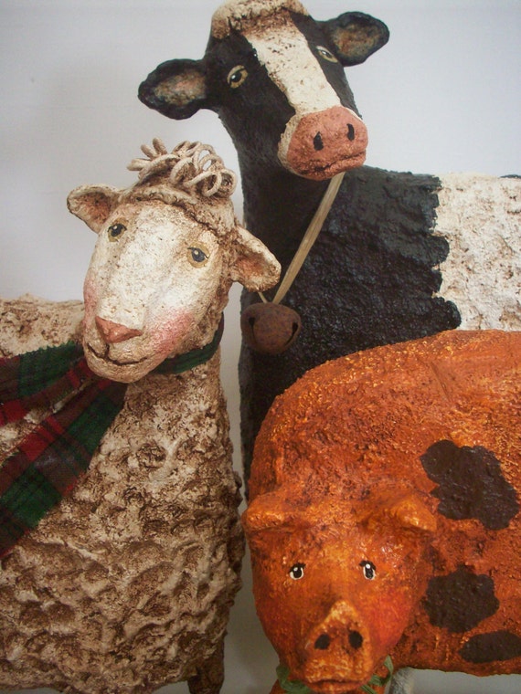 Primitive Paper Mache Folk Art Farm Animals Cow Sheep Pig