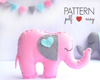 Felt Elephant Pattern, Elephant Ornament Pattern, Stuffed Elephant Toy, Elephant Party Favor, Elephant Baby Mobile, Animal Pattern