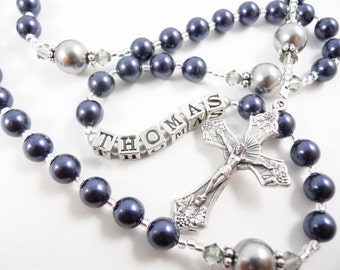 Personalized Rosary in Navy Blue and Medium Gray - Baptism, First Communion, or Confirmation for a Boy