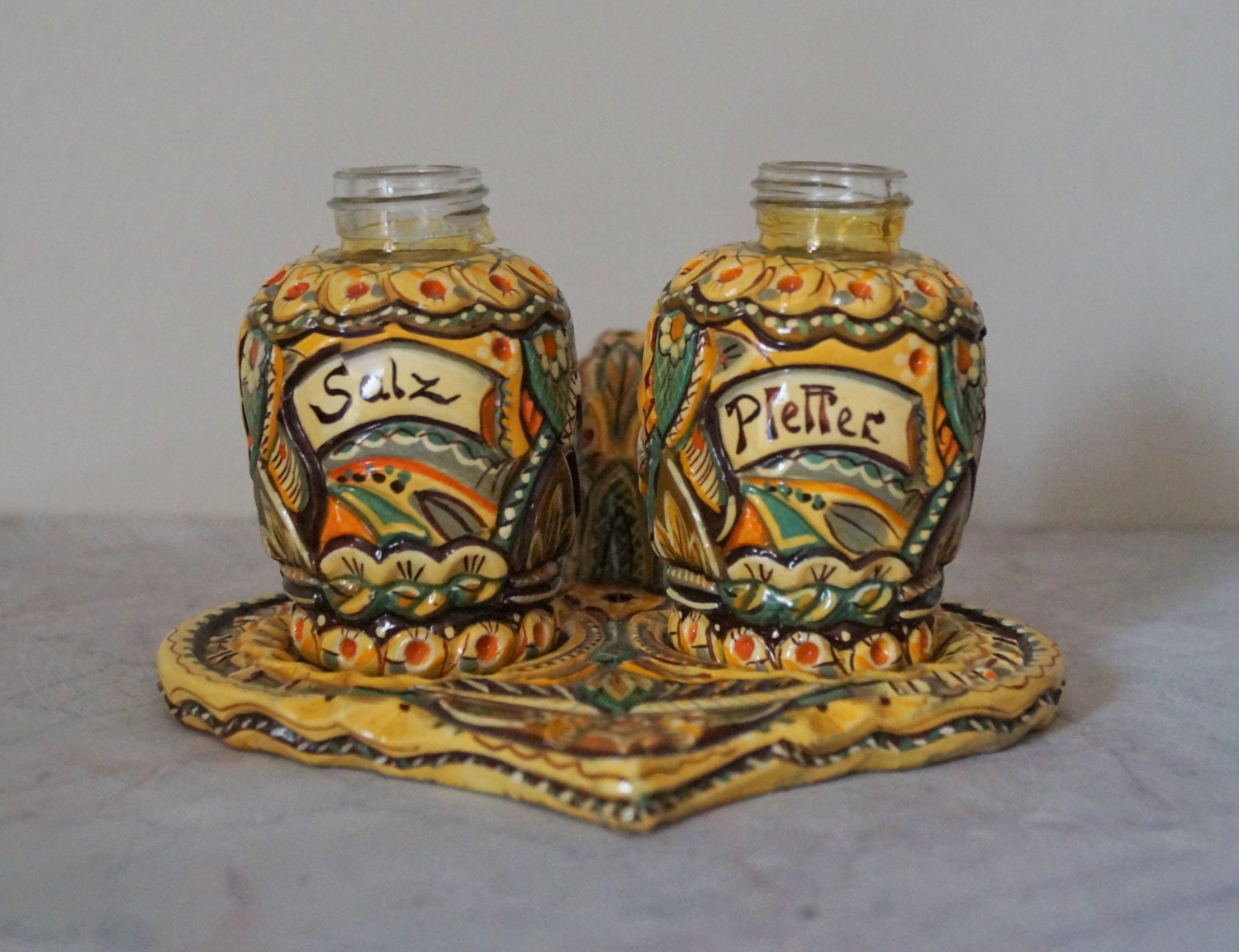 Vintage German salt and pepper shakers hand painted ceramic