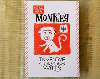 Chinese Zodiac 5”x7” - YEAR of the MONKEY - Letterpress Art Print - New Years - Junishi