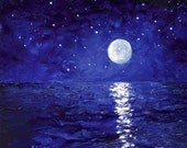 Moon and stars painting, ocean art, original oil ocean painting, night beach scene, seascape, Jan Matson