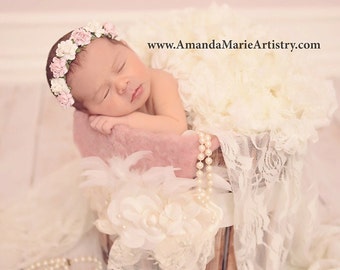 Pink and Ivory Newborn Flower Crown - Baby Flower Crown - Newborn Flower Crown Headband - Pale Pink and Ivory Flower Girl Headband