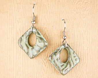 Handmade pottery earrings in Lagoon green. Earthy and casual. Surgical Steel Earwires / clay jewelry / casual earrings