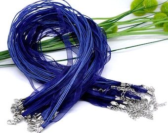 15 pcs. Royal Blue Organza Ribbon Waxen Cord Necklaces with Lobster Clasp - 17 inch (43 cm) - Claw Clasp
