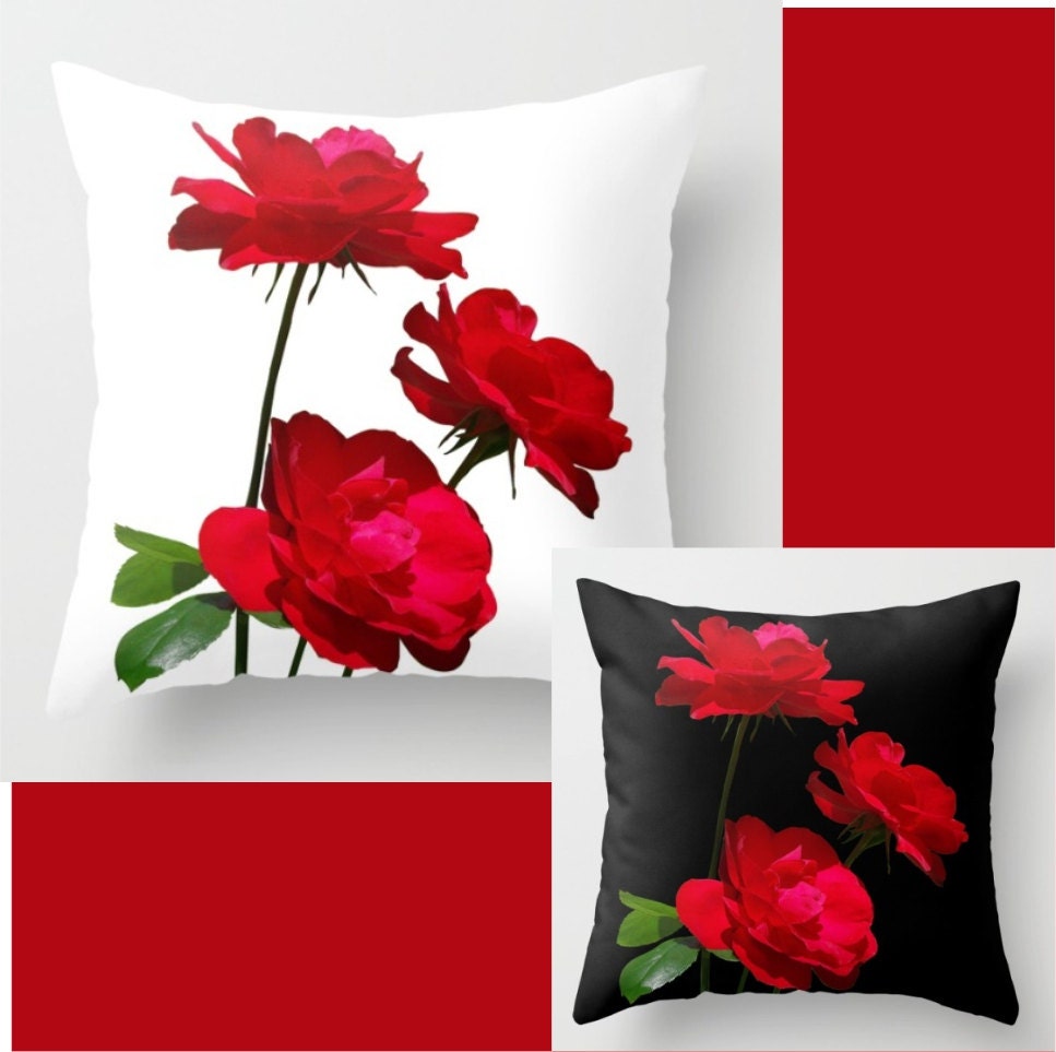 Red rose floral throw pillow cover cottage garden