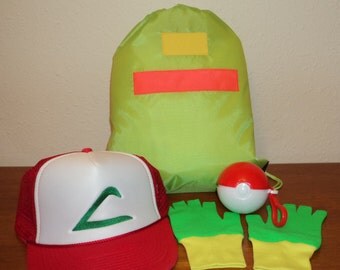 Ash Ketchum Trainer Drawstring bag, Hat and Gloves and Ball set Halloween costume Pokemon Choose your Size