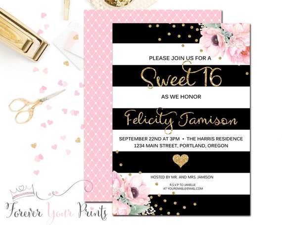 BLACK AND GOLD Floral Sweet Sixteen Invitation, Floral Sweet 16 Invitation, Girls Sweet 16 Party, Sweet Sixteen Party, Quinceañera Party Il_570xn