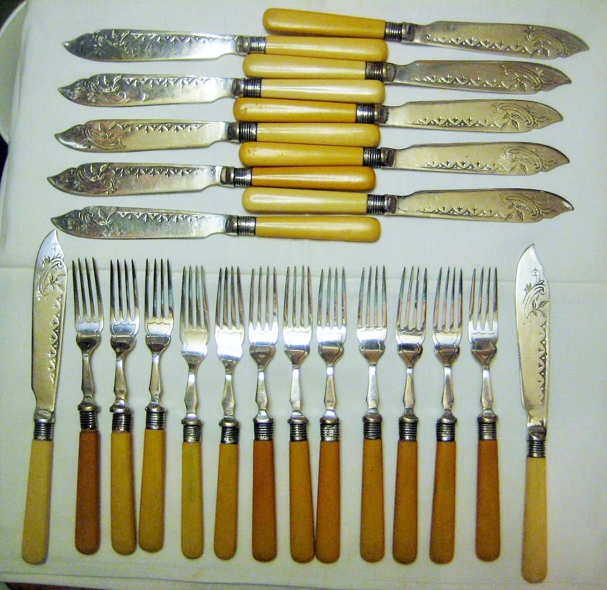 Antique Fish Fork & Knife Set Celluloid Handles Ornate