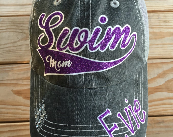 Swim Mom Personalized Womens Baseball Cap- Fan gear, Swim Mom Hat, Rhinestone Baseball Trucker Cadet, Bling Baseball For Her, Gift for Her