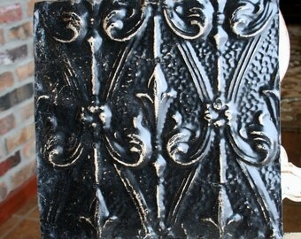 Genuine Antique Ceiling Tile -- 12" x 12" -- Distressed Black Paint -- Unique Fleur de Lis Design