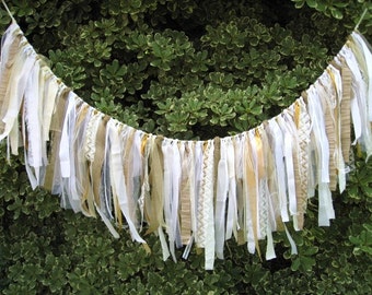 Wedding Garland, Fabric Garland, Bridal Shower Decorations, White Bridal Shower Banner, Wedding Decor, Rustic Wedding Ceremony Backdrop