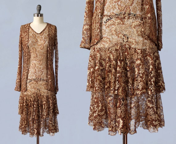 RESERVED 1920s Dress / 20s Metallic Lace Flapper Dress and