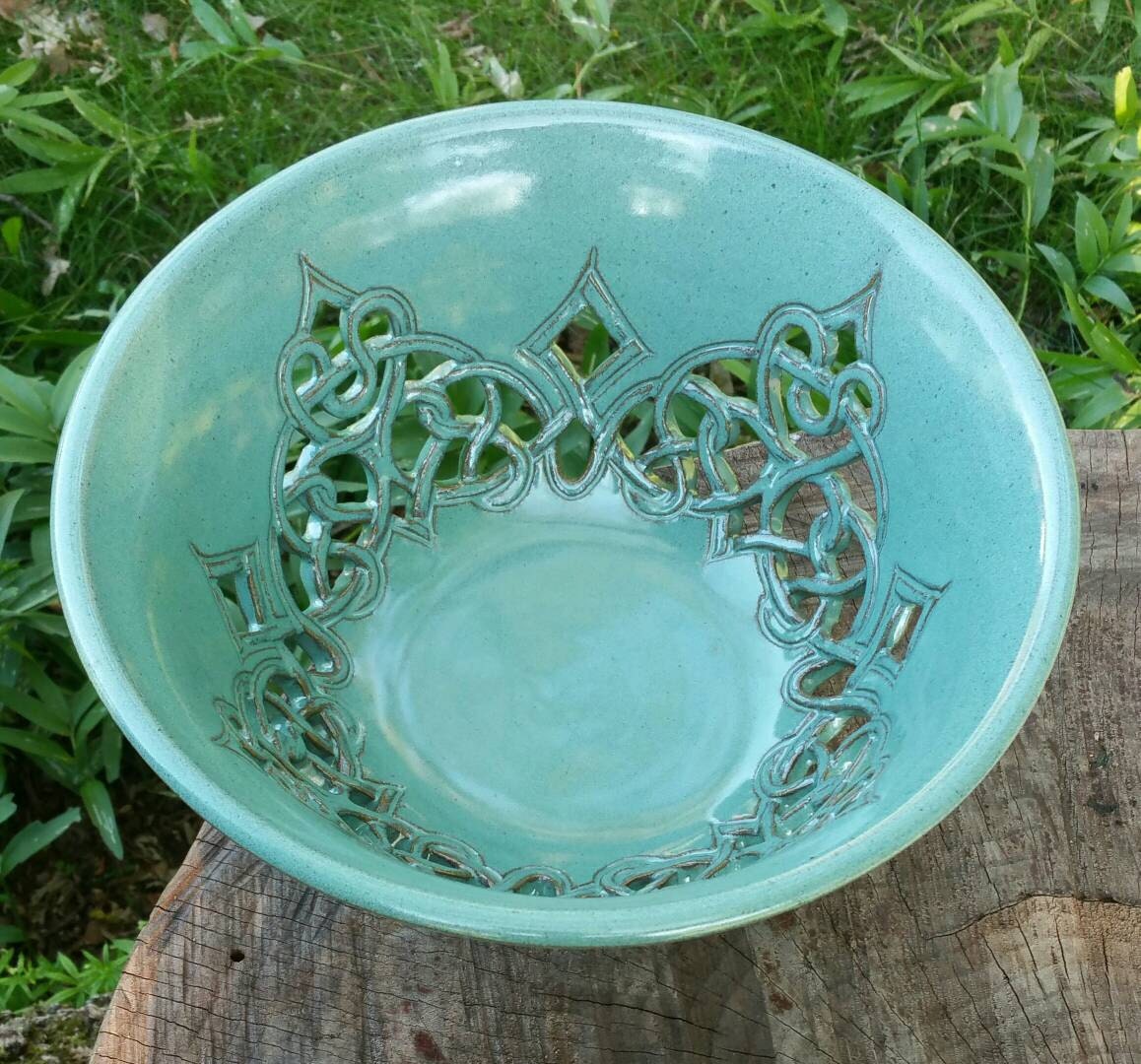 NEW Large Ceramic Fruit Bowl Turquoise Celtic Carved Bowl