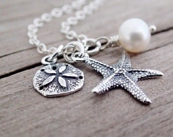 Sterling Silver Starfish, Sand Dollar Necklace, Freshwater Pearl, Sterling Silver Chain, Beach Theme Wedding, Bridesmaid Gift