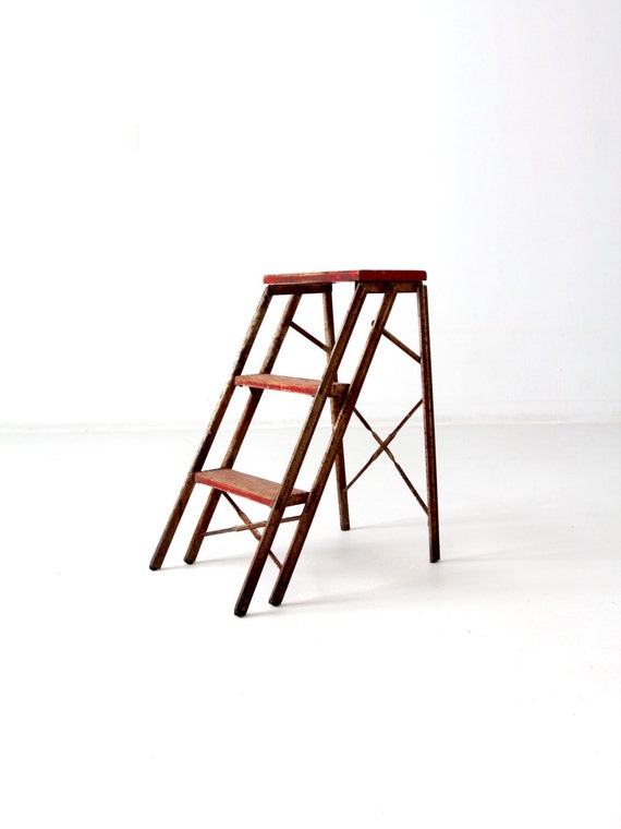 RESERVE vintage metal step ladder red step stool folding 3