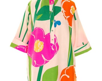 Perfect Spring Vintage Catherine Ogust /Penthouse Gallery Shirt Dress/Tunic Bright Floral Cotton L 1970s