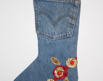 Christmas Stocking made from Recycled Levi Jeans Gold Satin Cuff, Gold lining, yoyo's, glitter appliques, red trim, and a gold jingle bell