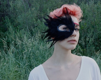 BLACK BIRD. Black Feather Mask. Half Mask for one eye. Raven, Crow, & Black Swan costumes. Unisex. Halloween Mask. Masquerade. Made to Order