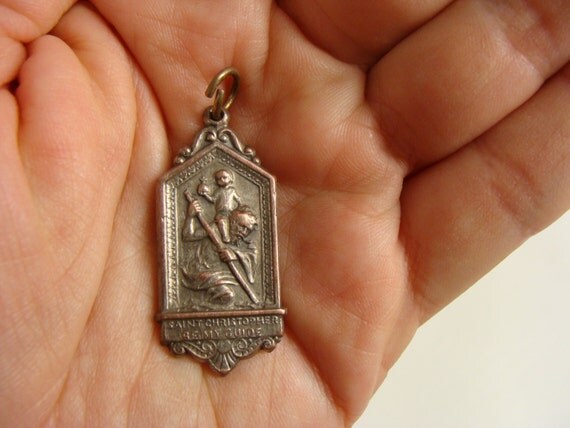 religious medal. vintage ST CHRISTOPHER Medal. Be My Guide. Copper or Bronze Religious Protection Plaque Medal Pendant Charm