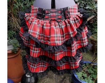 red tartan bustle skirt with black lace. back corset style lacing any size any tartan plaid bustle skirt