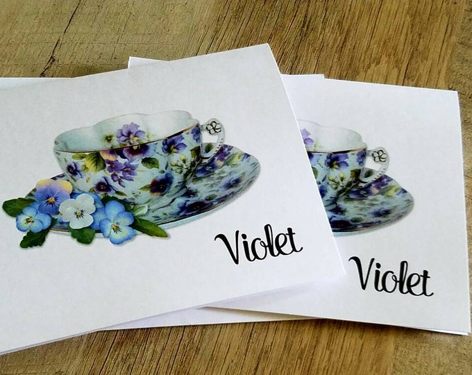 Beautiful Personalized Purple Violas Cup a Tea Teacup Note Cards - Invitations - Thank You Cards for Bridal Shower or Luncheon ~ Bridal Gift