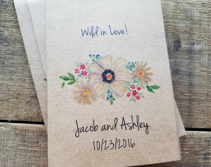 Brand New! RUSTIC Wildflower Seeds Wild in Love Flower Seed Packet Favor Shabby Chic Cute Favors for Bridal Shower or Wedding!
