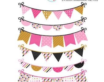 Bunting Clipart - Pink & Gold - clip art set of digital bunting, patterned bunting - personal use, small commercial use, instant download