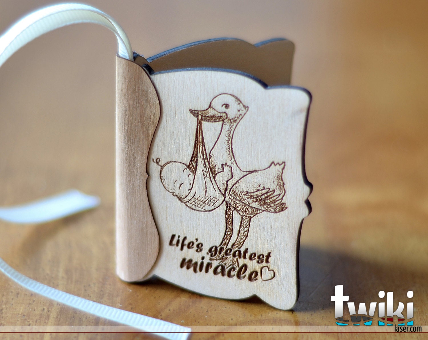 Small wood greeting card Wood engraved card birth card