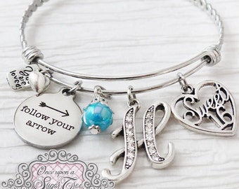 SWEET 16 GIFT, 16th Birthday Gift,Letter Bangle Bracelet, Personalized Jewelry- Follow your Arrow, Sweet 16 Jewelry, Heart, You are loved