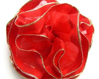 Gold Edged Red Ribbon Corsage Pin, Ladies Red Hat Pin, Red Ribbon Accessory, Red Hairbow, Giftwrap Bow by Judy's Little Shop, Valentine Bow