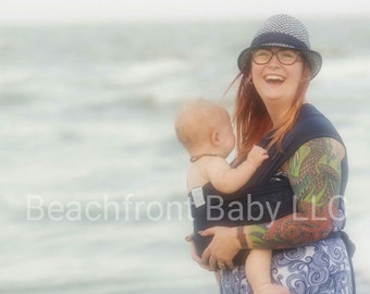 USA made Beachfront Baby Wrap Carrier- SAFE water babywearing at the beach, pool, water park or in the shower- Navy Blue mesh