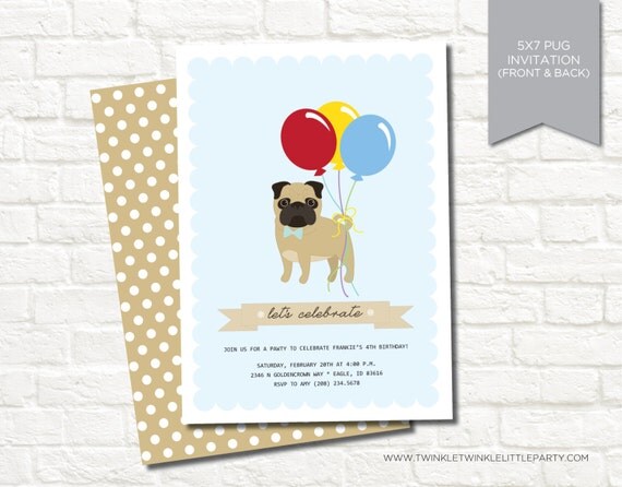 Blue Boy Pug Birthday Party Digital Invitation Il_570xn