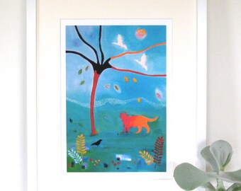 Cat print, Acrylic painting, Autumn Days, Giclee Print, nursery art