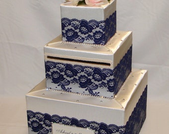 Ivory Wedding Card Box with Navy Blue Lace /Pale Pink Roses-crystal accents