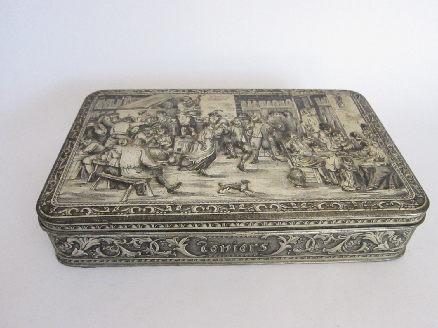 Vintage Tins, Belgian Tins, Vintage Teniers High Relief Tin Haute Juice