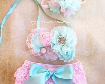 Aqua and pink cake smash outfit, minty aqua and pink, aqua first birthday outfit, baby girl outfit for photography prop