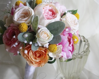 Wedding flowers Silk wedding bouquet. Peonies, roses, billy buttons, lambs ear. Pink, cream & peach. Destination wedding, artificial flowers