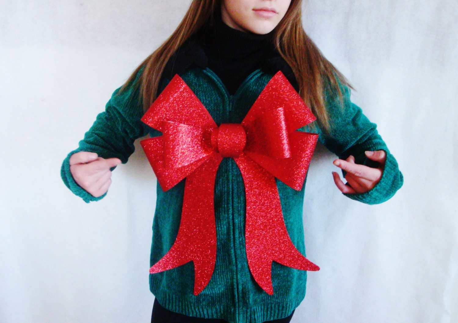 Big Bow Ugly Christmas Sweater Green Sweater Giant Red Bow