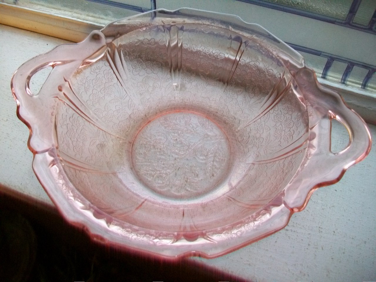 Pink Depression Glass Handled Serving Bowl Cherry Blossom Vintage 1930s 