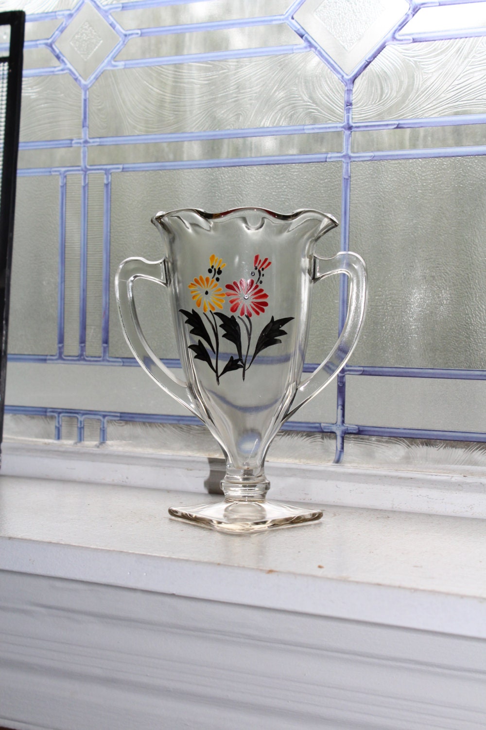 Vintage Glass Loving Cup Trophy Cup 7 Vase With Hand Painted Flowers 1950s