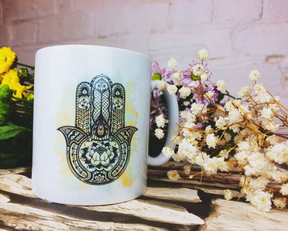 HAMSA MUG- Hippie mug- Hamsa- Hand if Fatima- Illustration- Tea cup- Screen print- Motif- Coffee mug- Original Design- Coffee- Student- Yoga